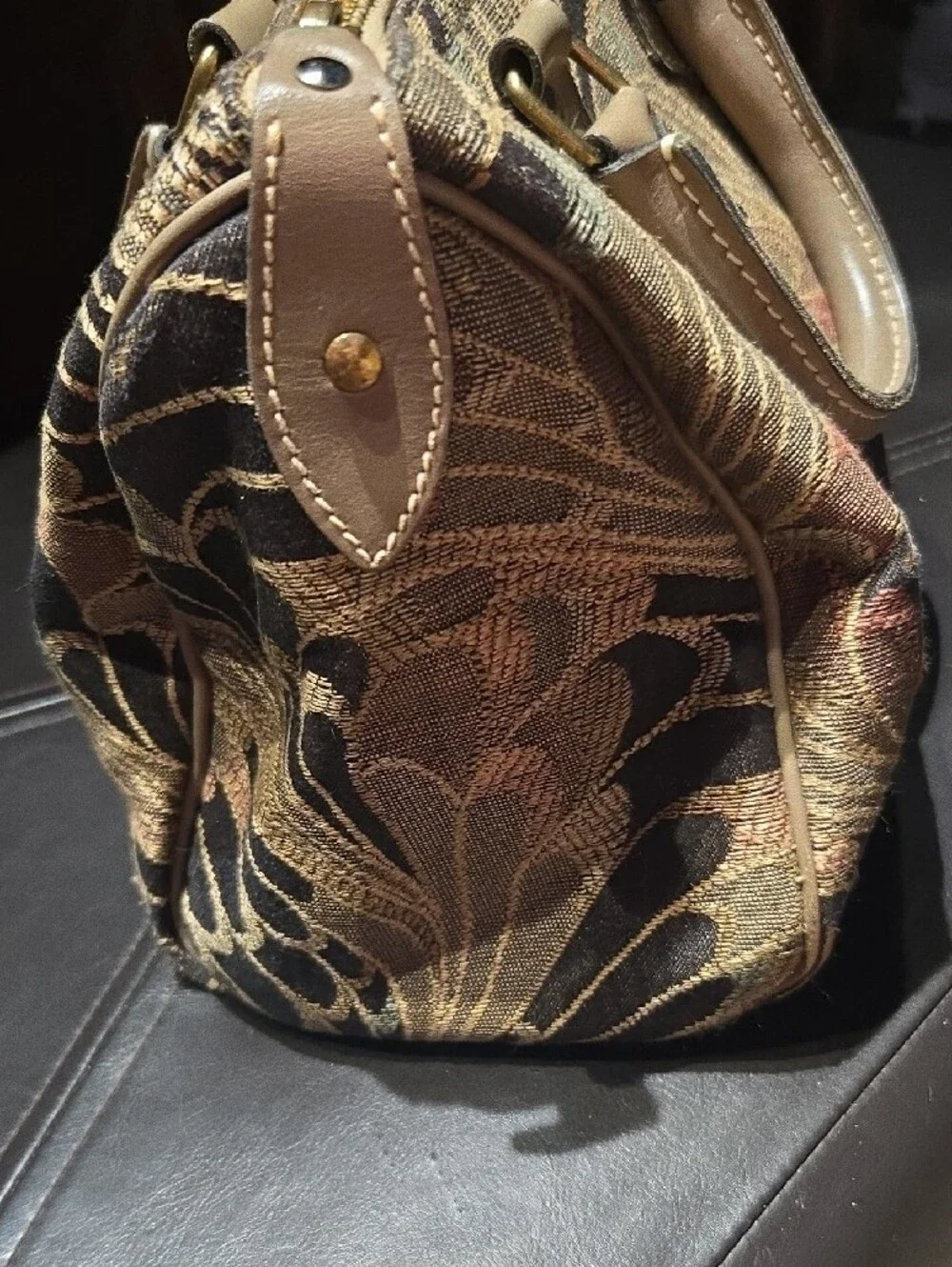 French~Tapestry Pattern Satchel Handbag in Tan and Black